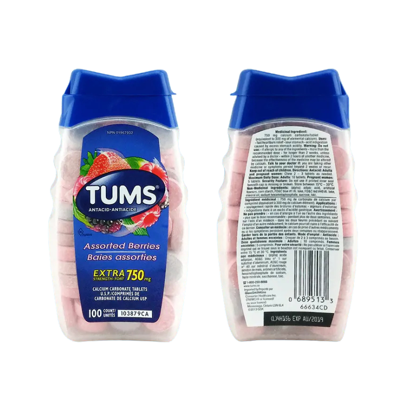 [Canadian version] Pack of 2 - Tums Extra Strong Anti-Acid Chewable Calcium Tablets (100 pieces in mixed fruit flavor)