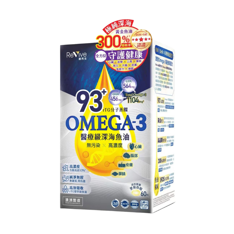 [Mannings Version] Revive Vitamin Regenerating Oil 93+ Omega-3 Medical Grade Deep Sea Fish Oil 60 Capsules 